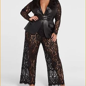 Alisha Faux Leather Lace Sleeve Blazer and Pant Set